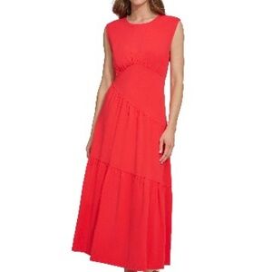 DKNY Vibrant Red Tiered Stretch Cotton Maxi Dress